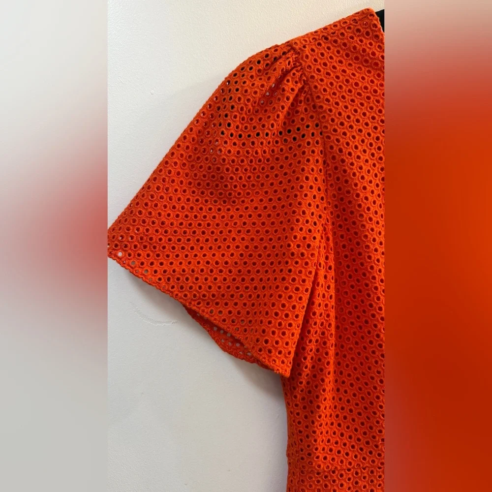 J. Crew Orange-Red Eyelet Lace Puff Sleeve Dress - Size 2 - Picture 4 of 11
